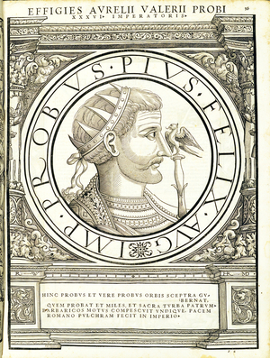 Probus, illustration from 'Imperatorum romanorum omnium orientalium et occidentalium verissimae imagines ex antiquis numismatis', woodcut by Rudolph Wyssenbach, printed by Andreas Gesner, Zurich, 1559 (woodcut)
