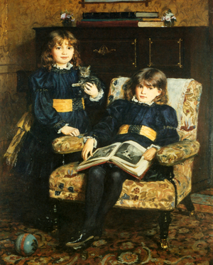 Book plate depicting children reading, 1890s (colour litho)