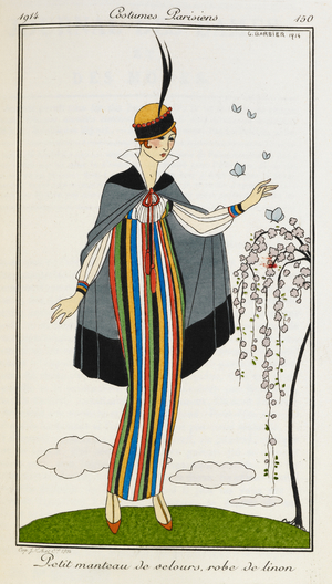 Petit manteau de velours, robe de linon. Woman wearing a small velvet cloak, with a striped linen dress, orange t-bar shoes, and a hat trimmed with black and red. Costumes Parisiens.