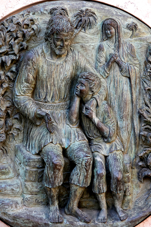 Relief in the courtyard of the Annunciation Roman catholic basilica, Nazareth, Galilee, Israel.  (photo)