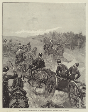 The Autumn Cavalry Manoeuvres on the Berkshire Downs, Artillery taking up Position (engraving)