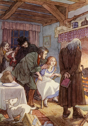 Illustration for The Cricket on the Hearth by Charles Dickens (colour litho)