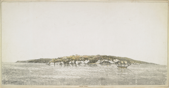 View of Niue, named Savage Island by Captain Cook, and described in his journal on 22 June 1774. In the foreground are the 'Resolution' and two small boats. Drawin in Indian ink, by Williamm. Hodges, during the second voyage of Capt. Cook, in 1772-1774.