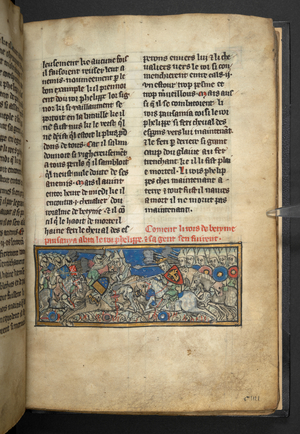 Harley 4979, f.20 King Philip is killed by Pausanias in battle., from 'Roman d'Alexandre in prose'  c.1290-c.1300 (vellum)