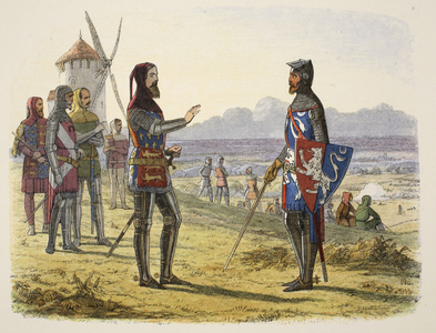 Edward refuses succour to his son at Crécy, from A Chronicle of England BC 55 to AD 1485, pub. London, 1863 (colour litho)