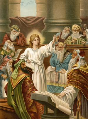Jesus teaches in the Temple (colour litho)