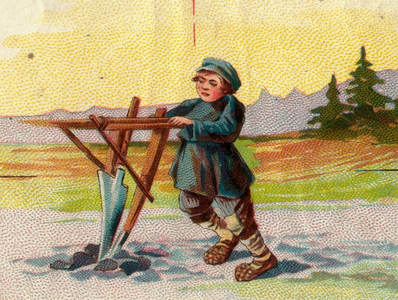 Boy struggling with plough, 1900s (colour litho)