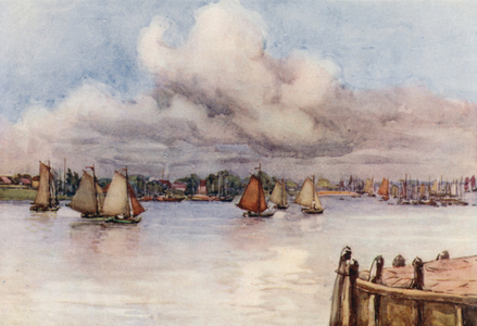 The Rhine: Boats on the Maas (colour litho)
