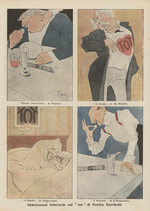 Literary impressions on Enrico Sacchetti's tot (colour litho)