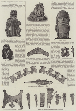 Sacred Antiquities of the Chibchas, at Guatavita, Colombia, South America (engraving)