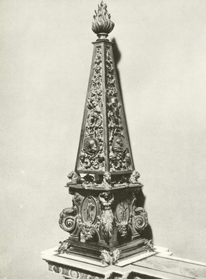 Certosa di Pavia, Candelabro, Obelisco in bronzo, A Fontana (engraving)