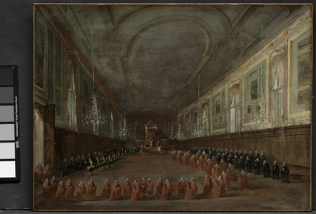 Pope Pius VI Descending the Throne to Take Leave of the Doge in the Hall of SS. Giovanni e Paolo, 1782 and Pontifical Ceremony in SS. Giovanni e Paolo, Venice, 1782, c. 1783 (oil on canvas)