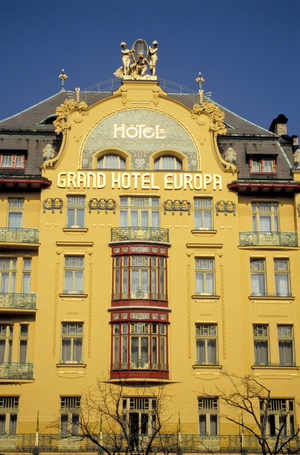 Czech Republic. Prague. Wenceslas Square 25/865. Grand Hotel Evropa. Secession Facade.