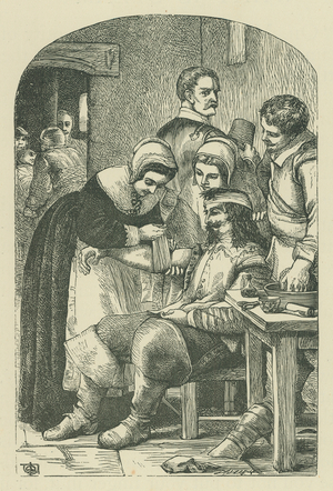 Lucy Hutchinson and the wounded royalist (engraving)