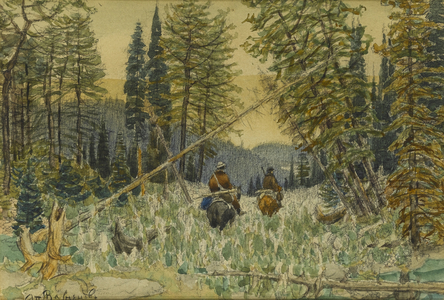 Hunters on Horseback in a Pine Forest (pencil & watercolour on paper)