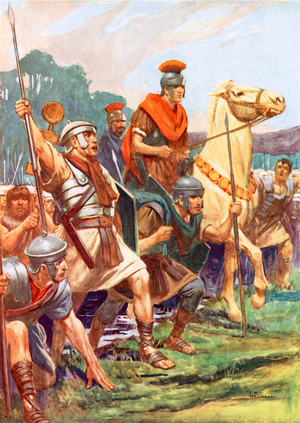 Crossing the Rubicon: The decisive moment of Caesar's life (colour litho)