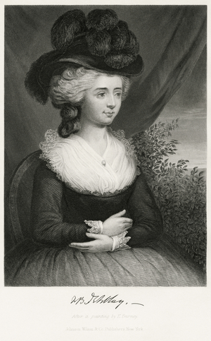 Frances Burney (1752-1840), also known as Madame d'Arblay, English Satirical Novelist and Playwright, Seated Portrait, Steel Engraving, Portrait Gallery of Eminent Men and Women of Europe and America by Evert A. Duyckinck, Published by Henry J. Johnson, Johnson, Wilson & Company, New York, 1873 (print)