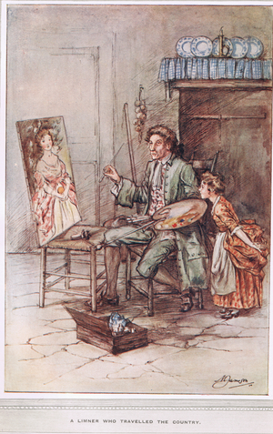 A Limner who travelled the country, illustration from 'The Vicar of Wakefield' by Oliver Goldsmith, c.1910 (colour litho)