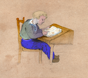 Ecolier au travail sur son bureau. vers 1830 (illustration)