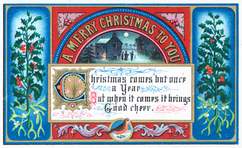 Singing carols under moonlight, Christmas Card (chromolitho)