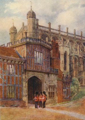 Entrance to the Horseshoe Cloisters (colour litho)