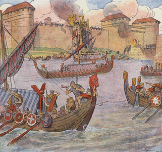 The French prevent the Normans from taking Paris (colour litho)