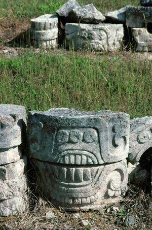 Masks of the rain-god Tlaloc, part of the facade of thePalace of the Large Masks, Kabah