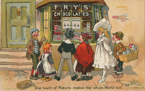 Children looking through the window of a Fry's chocolate shop (colour litho)