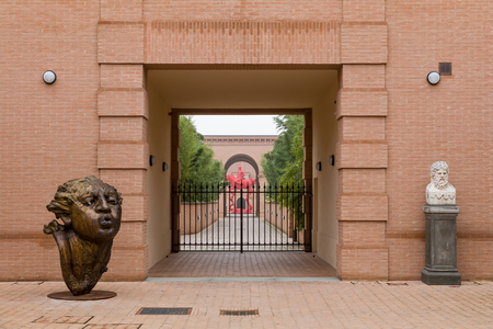 Fontanellato, Labirinto della Masone, by Franco Maria Ricci: the entrance. On the left, a work by Javier Marin,  (sculpture)