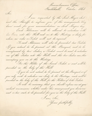 Letter detailing arrangements for a banquet at the Guildhall, London, on 9 November 1868 (engraving)