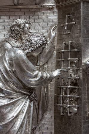 Saint John in prison sending disciples to Jesus, tile from The Silver Altar of Saint John's Treasure, 1367- 1483