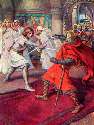 Lohengrin slays Count Frederick, from Knights of the Grail: Lohengrin, Galahad pub. 1909