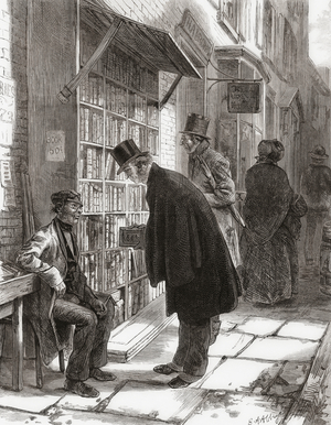 A street bookstall in New York, 1874  (engraving)