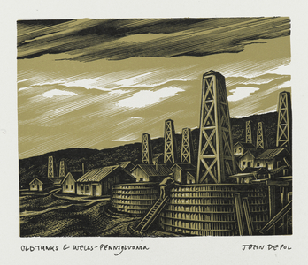 Old Tanks and Wells - Pennsylvania, from the portfolio "Beginnings of the Petroleum Industry in Pennsylvania", 1959 (wood engraving)	