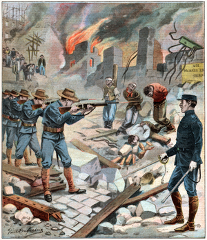 Militia men executing looters in the street after the Great San Francisco Earthquake of 1906 (colour litho)