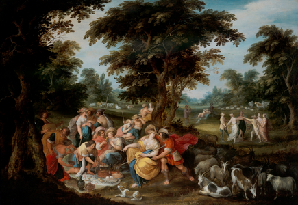 Arcadia: A Pastoral Landscape With Shepherds And Shepherdess Picknicking, 16th-17th century (oil on panel)