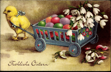 Congratulations Easter, chick pulls wagons with Easter eggs