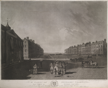 A view across Queen Square with houses at either side and landscape beyond. Well-dressed figures in the foreground and a beggar boy walking beside a flower seller with a dog, horses and a wagon crossing the wide cobbled area on the right, a garden surrounded by railings beyond