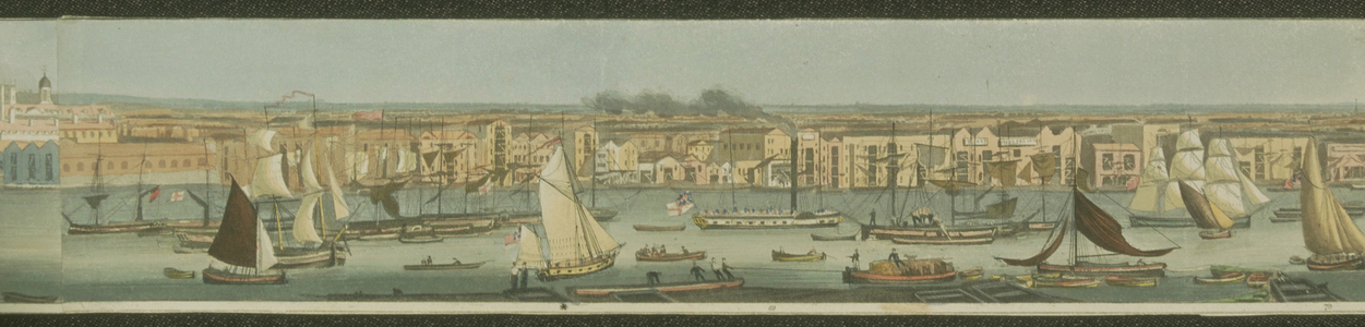 Panoramic view of the River Thames, from its South Bank at Bermondsey showing Stepney, 1823 (aquatint)