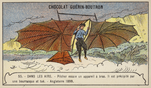 Pilcher testing a glider, England, 1899 (chromolitho)