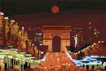 Arc de Triomphe and Champs Elysées at night, 2015 (gouche on paper)