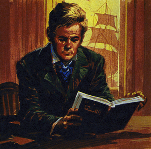 In England, Conrad began learning English by reading Shakespeare (colour litho)