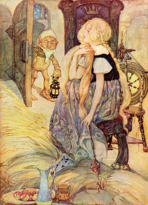 The Miller's Daughter, illustration from The Golden Wonder Book published 1934.  Suddenly the door opened and into the room appeared a little man who said, " Good evening my child. Why are you weeping so bitterly?"