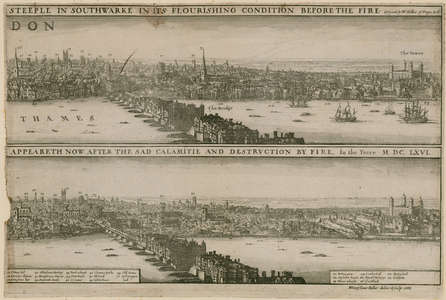 London, before and after the Great Fire (engraving)