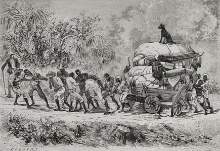 Africa. Transport of goods on the roads of the Congo. Engraving, 19th century.