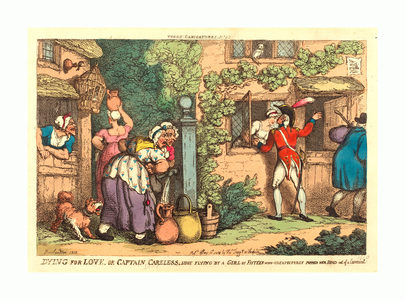 Dying for Love, or Captain Careless Shot Flying by a Girl of Fifteen, Who Unexpectedly Popped Her Head Out of a Casement, 1810, Hand-Colored Etching, Rosenwald Collection