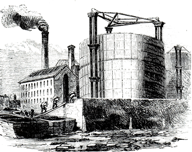 An engraving depicting the unloading of coal barges at a gas works, 19th century