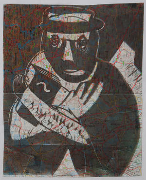 leaving England, 2006 (linocut on map)