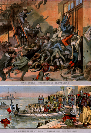 Fire in a school in Cleveland (Ohio) 180 pupils are killed, 600 senegalese infantry men, illustrations from french newspaper "Le Petit Parisien" march 22, 1908