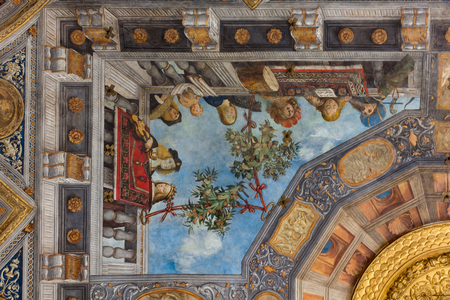 A cat, musical instruments and male and female figures, detail, vault of Hall of the Treasure (fresco) (detail of 3707463)